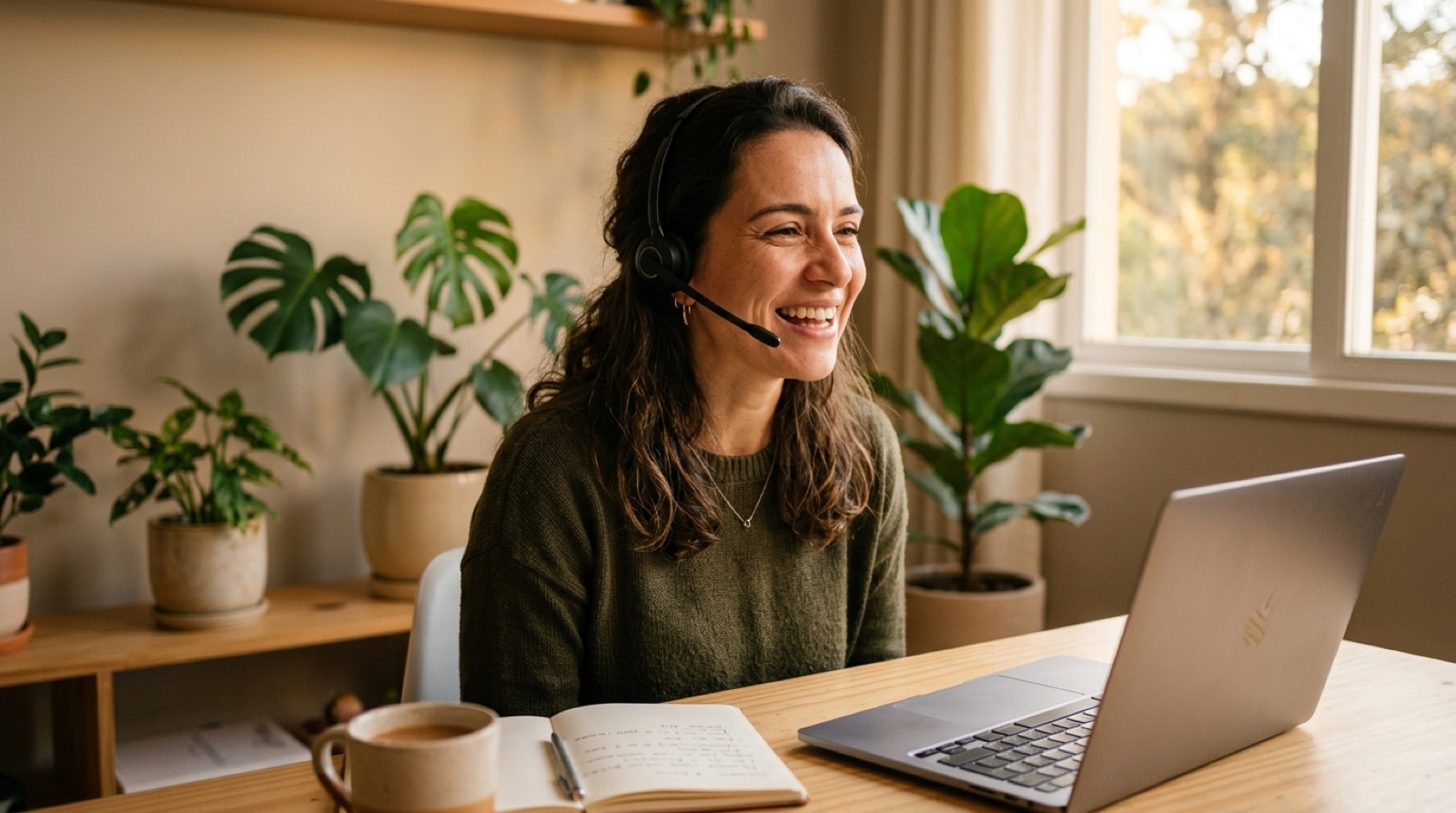 Aluna da Spaceclass em aula de inglês ao vivo online, de headset